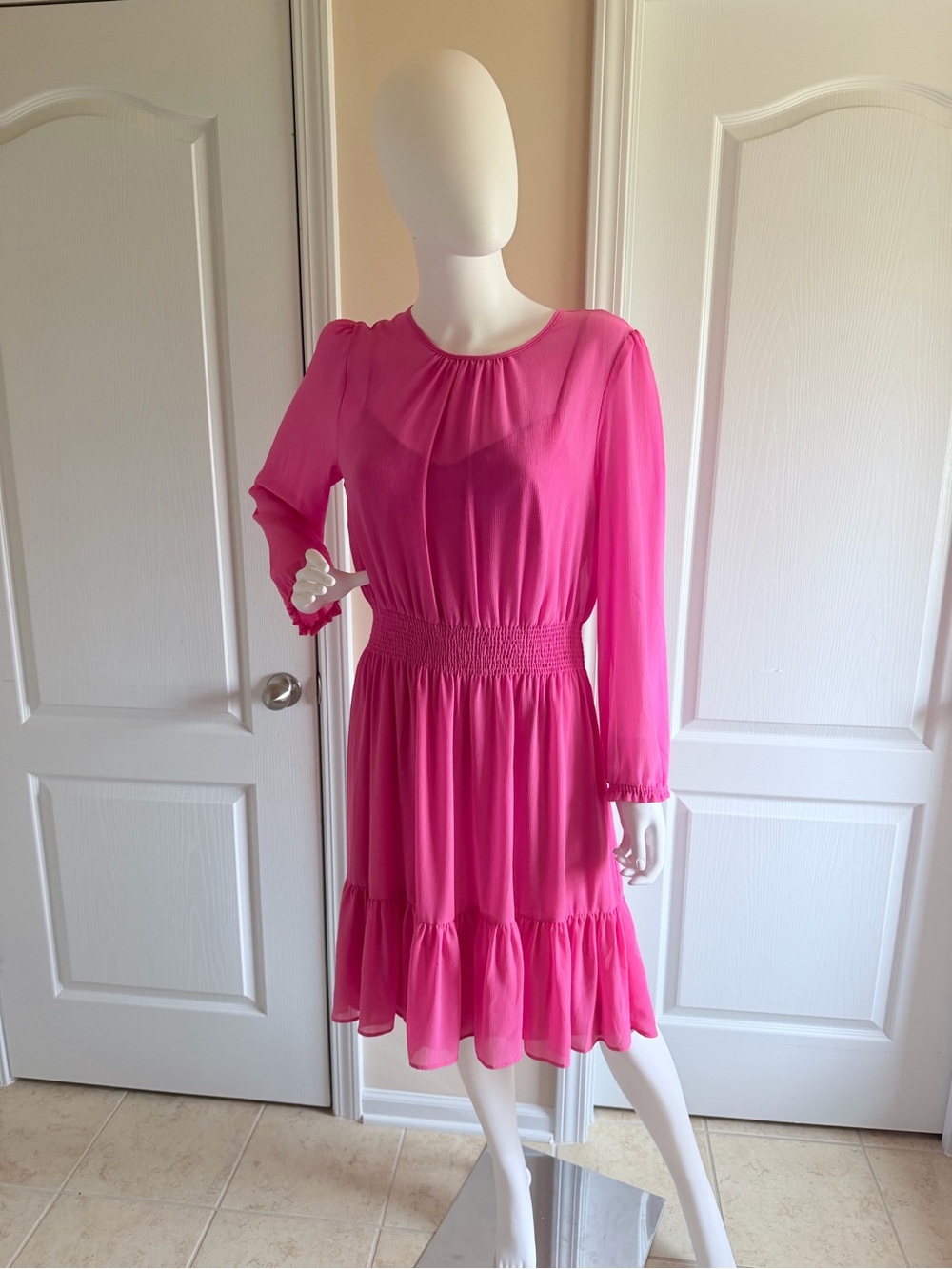 J. Crew Y2K Hot Pink Long-Sleeve Smocked Waist Ruffle Dress Size M Like New
